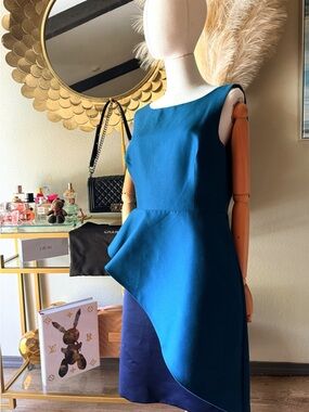 Halston Heritage Teal and Navy Asymmetrical Peplum Dress